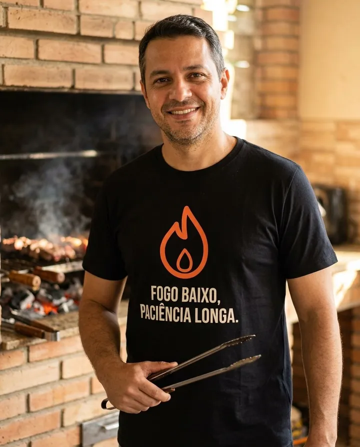 Homem vestindo a camiseta escura com a arte Fogo baixo, paciência longa